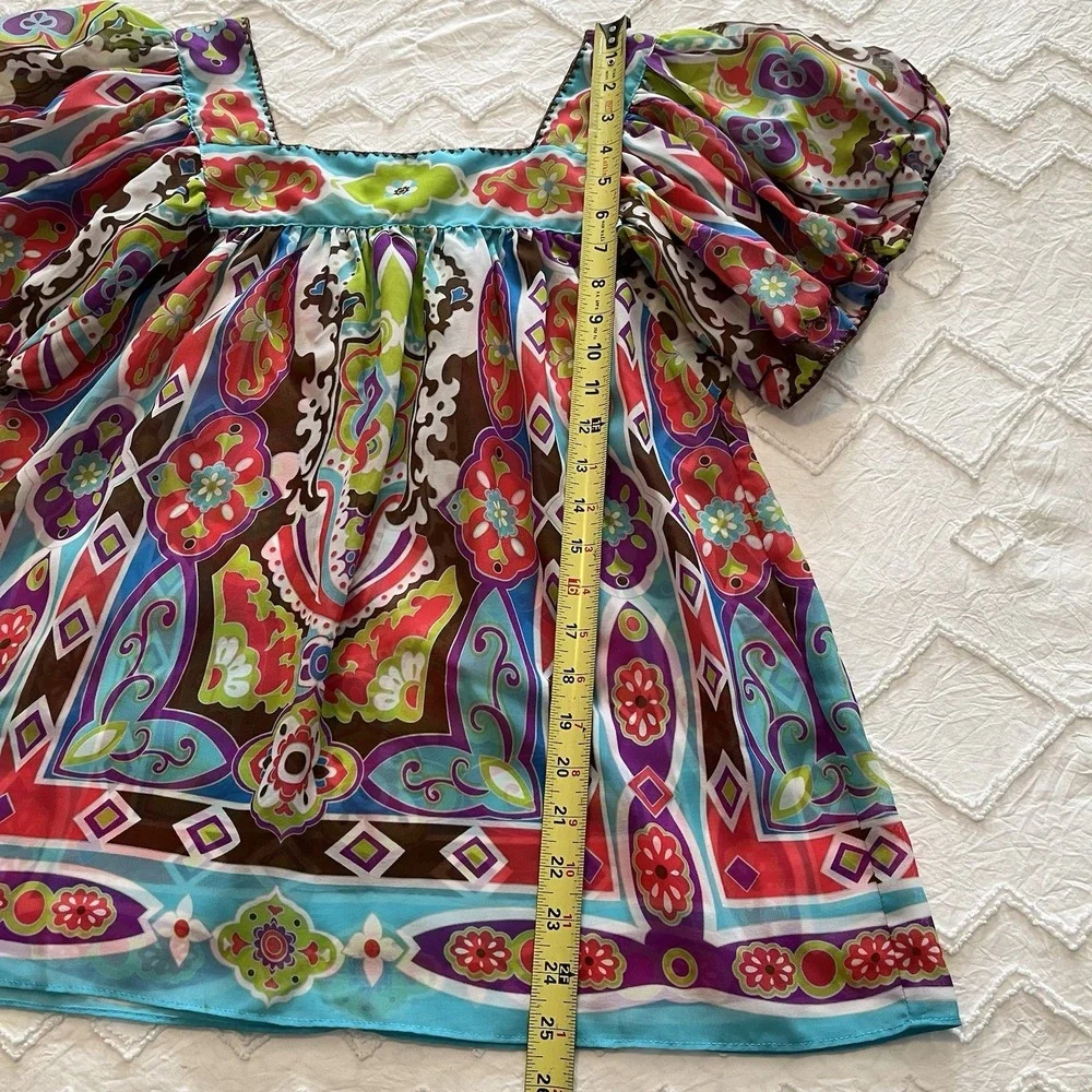 Nicole Miller Sheer Paisley Floral Top‎ S Square Neck Boho Embroidered Milkmaid